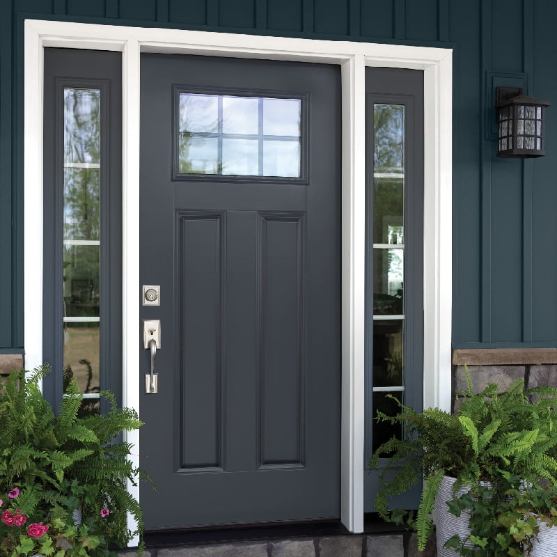fiberglass front door painted in dark gray paint