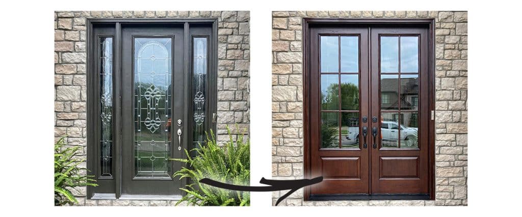 gray fiberglass entry door and stained fiberglass french doors