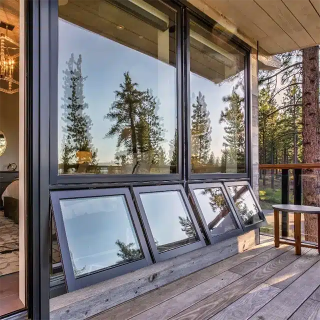 black fiberglass casement windows on rustic home