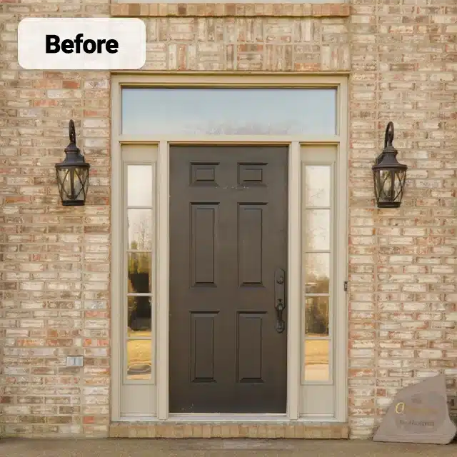 wood stained fiberglass entry door with tan frame