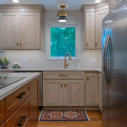 poplar wood cabinets in large kitchen